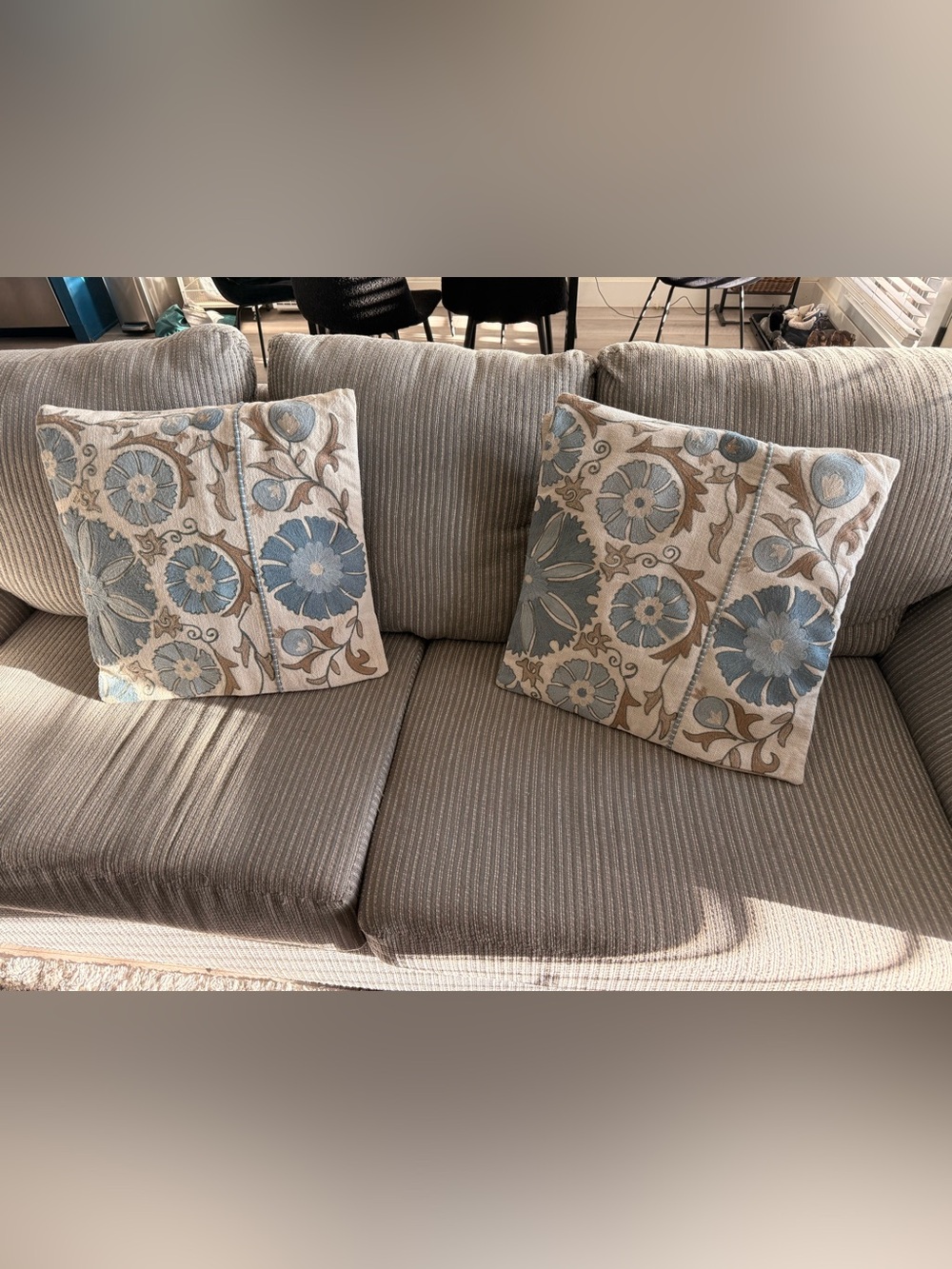 Pottery Barn Blue and Cream Floral Embroidered Accent Pillow Cover Pair